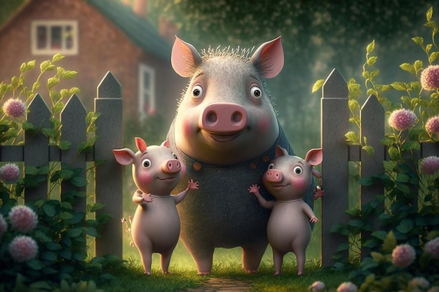 사진 돼지와 두 마리의 돼지가 울타리 앞에 서 있습니다.