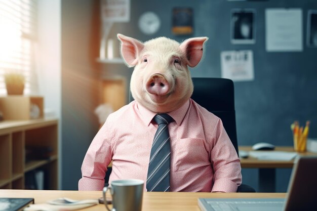 写真 ネクタイをかぶったピンクのシャツを着た豚がオフィスデスクに座り ⁇ ネクタイをかぶった豚がオフィスに座っている