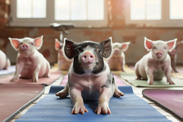 사진 돼지가 매트 위에 앉아 명상하는 것처럼 보입니다. 유가 아사나 포즈를 하는 재미있는 돼지