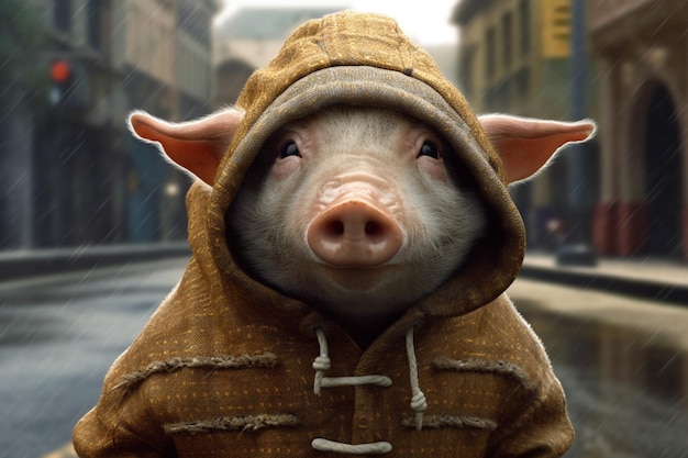 写真 「サルマジルーン」と書かれたパーカーを着た豚