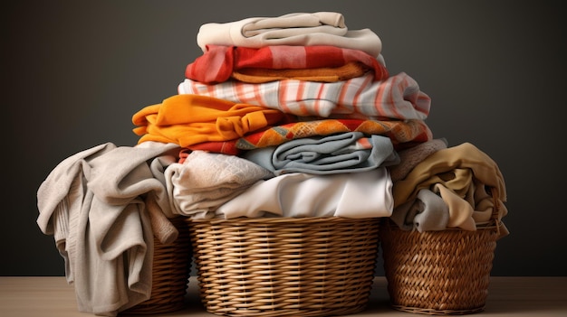 Фото Куча чистой одежды и плетеная корзина с чистыми тряпками, изолированными на прозрачном фоне