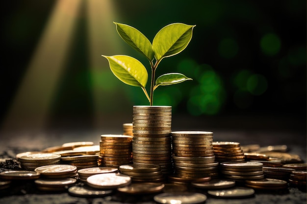 Фото Куча монет с ростом дерева, растущие финансы, фото высокого качества.