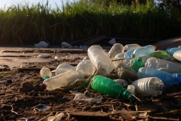 写真 座っている空のプラスチックボトルの山