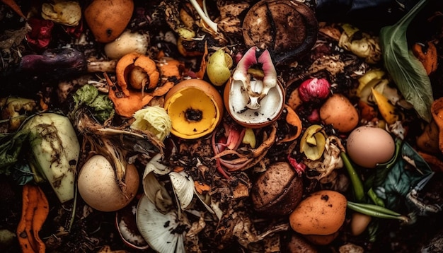 写真 緑豊かな地面に食べ物の山