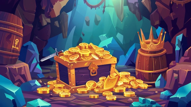 写真 鉱山の洞窟にある金貨と宝物の山現代の漫画の背景地下の山の宝物に金貨と金貨の山バレルの剣と宝石を持つ荒廃した場所