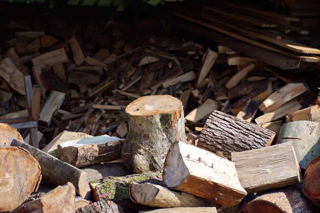 写真 暖房 の ため に 準備 さ れ た 積み重ね た 柴 の 積み - 冬 の ため の 柴 を 収集 する