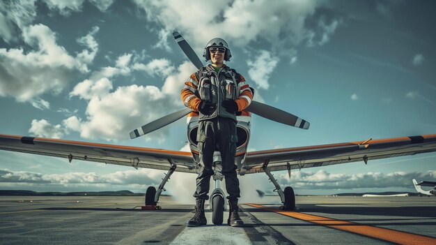 写真 小型飛行機の前で全装備のパイロットが立っています彼は自信のある笑顔でカメラを見ています