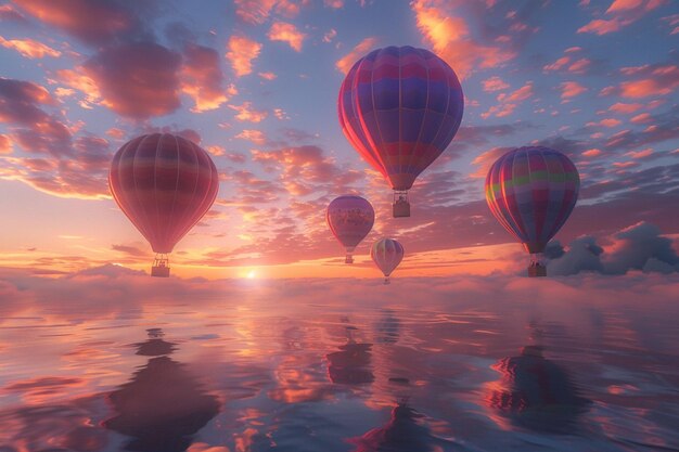 写真 空にいくつかの風船があるピンクと青の空