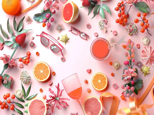 写真 ピンクの背景に果物とグラスと飲み物の写真と女性とグラスの写真