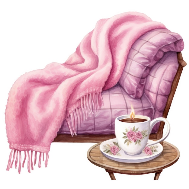 Фото Розовое одеяло с розовым одеялом на нем и чашка чая на столе