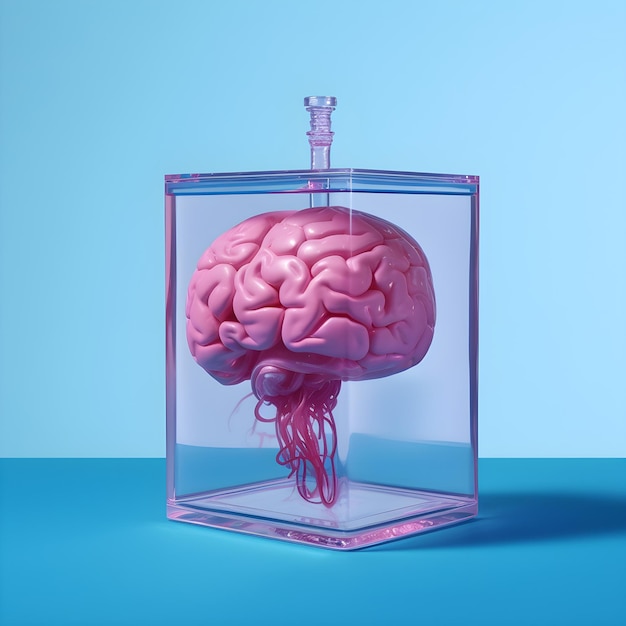 Фото Розовый мозг в коробке с надписью «мозг»