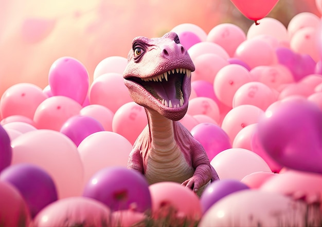 写真 ピンクの風船に囲まれたピンクの恐竜をローアングルから撮影し、奇抜な雰囲気を作り出しています。
