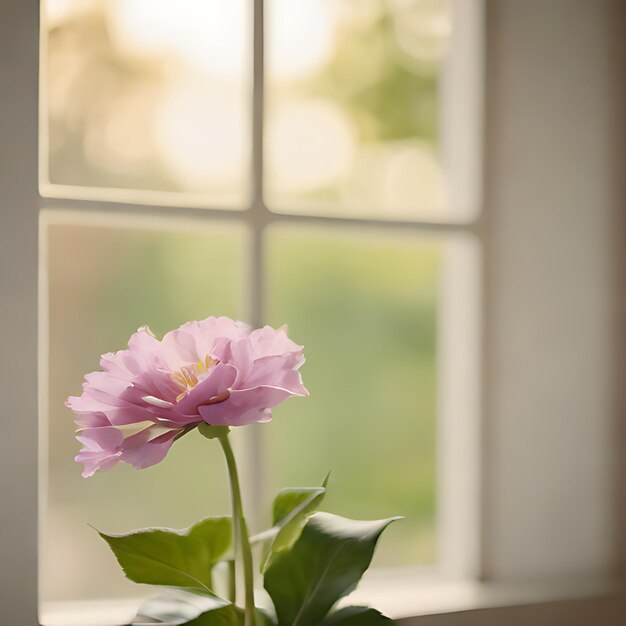 Фото Розовый цветок перед окном с окном за ним