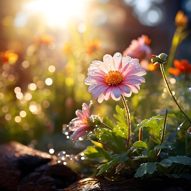 写真 葉の中を太陽が照らすピンクの花