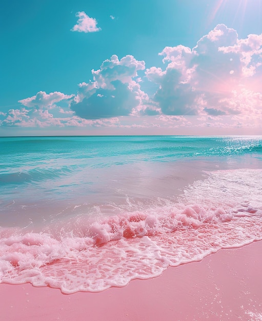 Фото Розовый океан с розовым и голубым небом и облаками