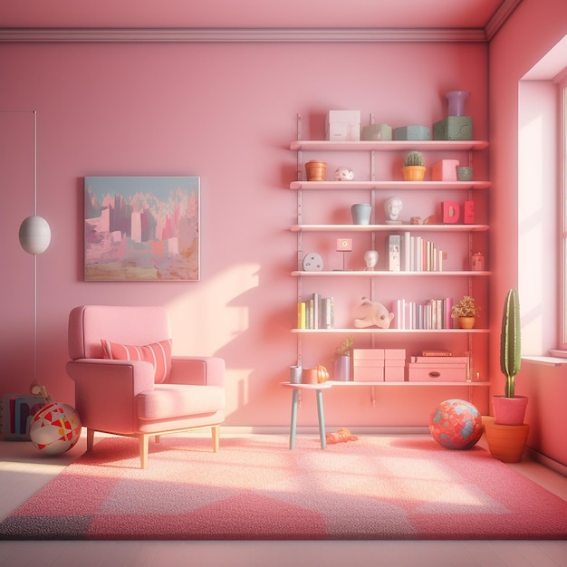 사진 핑크색 벽과 핑크색 의자가 있는 핑크색 방