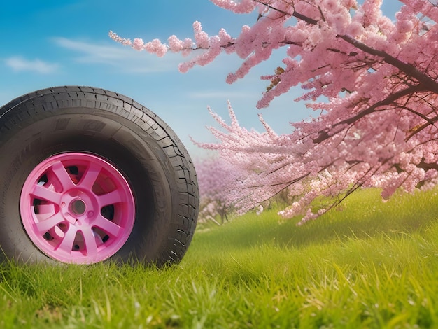 Фото Розовая шина с розовыми ободами и розовое колесо со словом вишня на нем