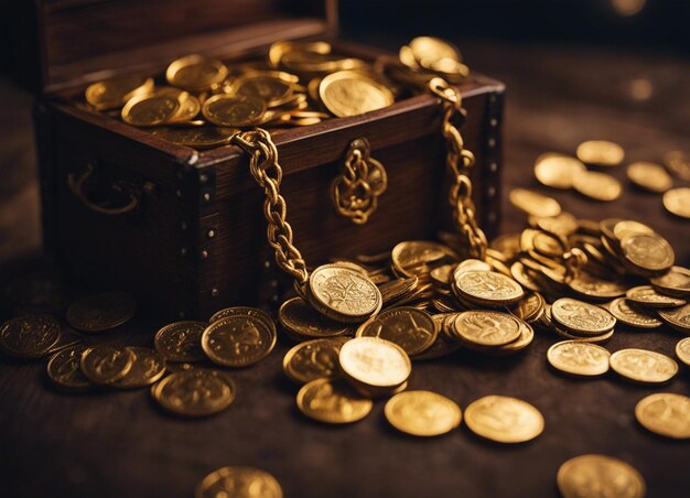 Фото Пиратское сокровище с золотыми монетами.