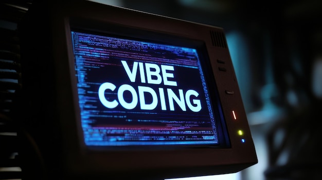 A pixelate vibe coding text on an old computer screen evoking retrofuturism and vibe coding low code coding programs