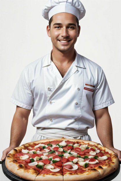Фото Производитель пиццы или повар на кухне на белом фоне