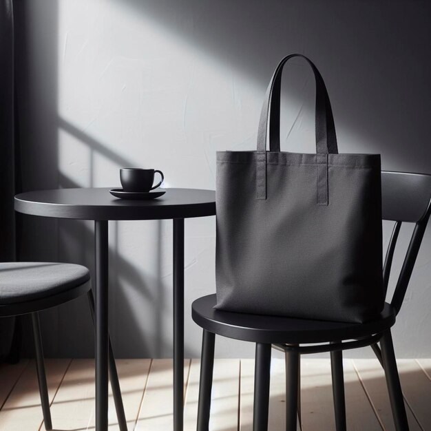 사진 평평 한 검은색 토트 가방 이 회색 방 의 테이블 의자 에 놓여 있다