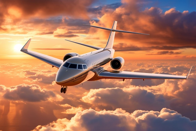 写真 太陽を背にして雲の上を飛ぶ飛行機