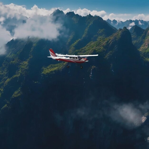 写真 背景に山がある山の上を飛ぶ飛行機