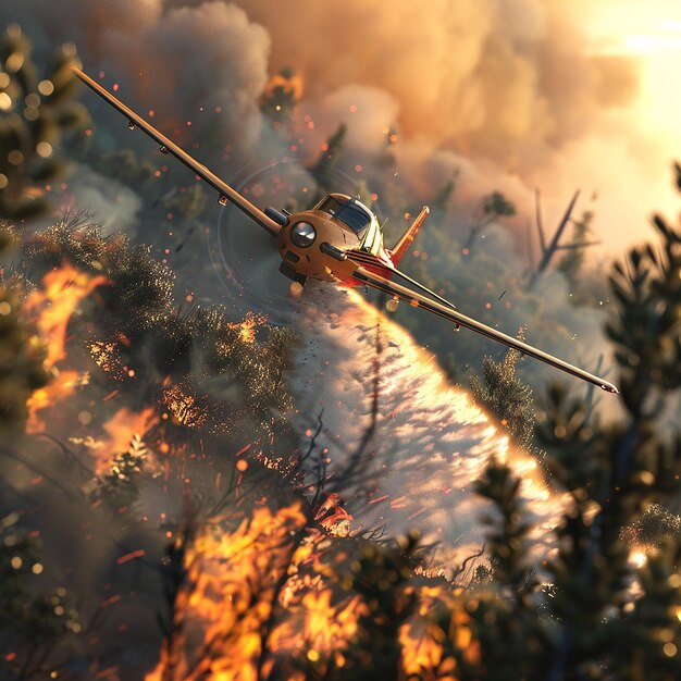 Фото Самолет летит через лес с лесной пожаром за ним