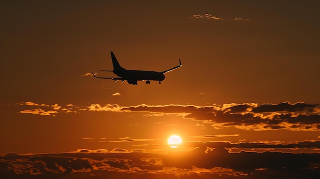 写真 夕暮れに飛行機が着陸空はオレンジ色雲はピンク色飛行機は黒と白それはシルエットです飛行機が登陸しています