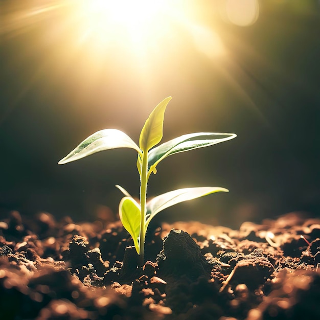 写真 太陽の光を浴びて土の中で育つ植物