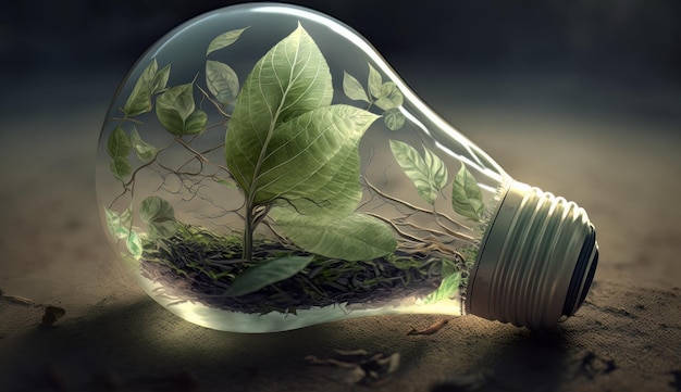 Фото Растение, растущее внутри лампочки возобновляемая энергия изменение климата генеративный искусственный интеллект