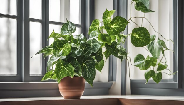 写真 鉢の中の植物が窓際に座っている