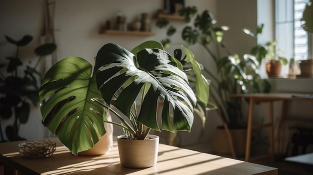 写真 「大きな葉」と書かれた棚のある部屋のテーブルの上の植物