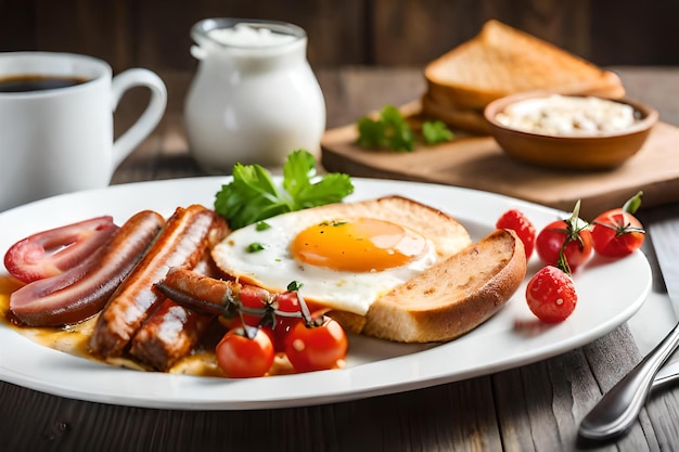 Фото Тарелка с завтраком с яйцами, колбасыми, яйцами и беконом.