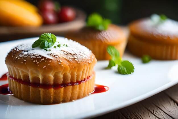 写真 イチゴジャムが乗ったカップケーキの皿