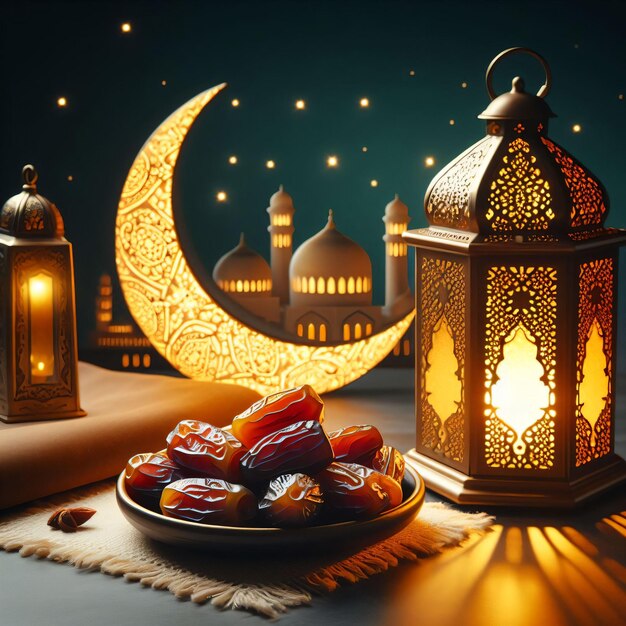 Фото Тарелка с датами рядом с фонарем рамадана