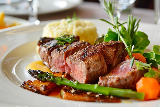 写真 その上に肉の塊が付いた食料の皿