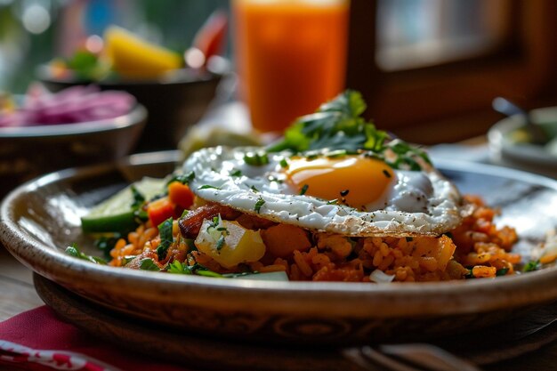 写真 上に卵が付いた皿の食べ物