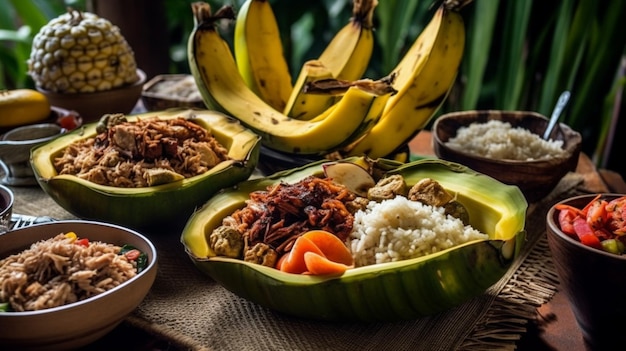 Фото Тарелка еды с бананами и бананом сбоку