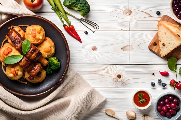 Фото Тарелка еды с мясом и овощами на ней
