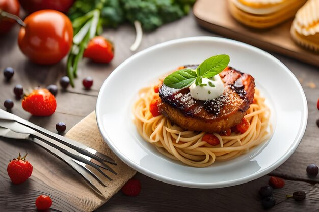 写真 肉チーズ野菜を入れた食事の皿