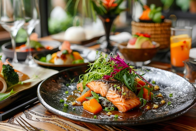 写真 サルモンと緑の食べ物の皿