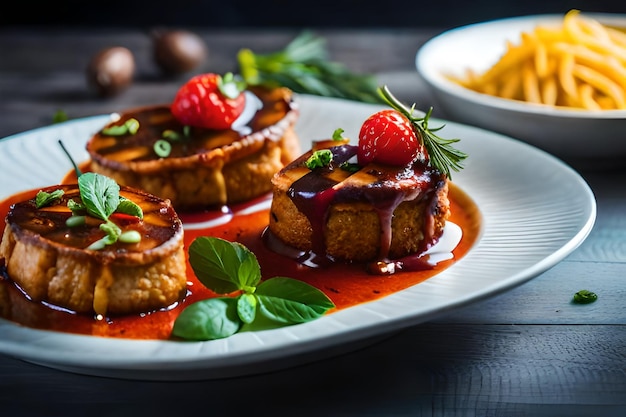 写真 イチゴとミントが乗った食べ物の皿