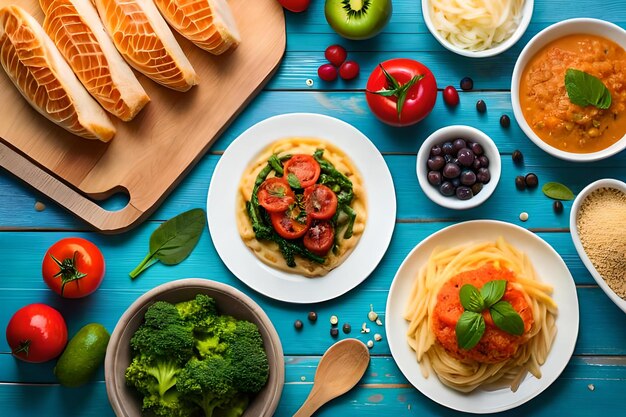 Фото Тарелка еды с помидорами, брокколи и черной фасолью.