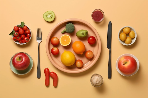 写真 黄色の背景に果物と野菜のプレート
