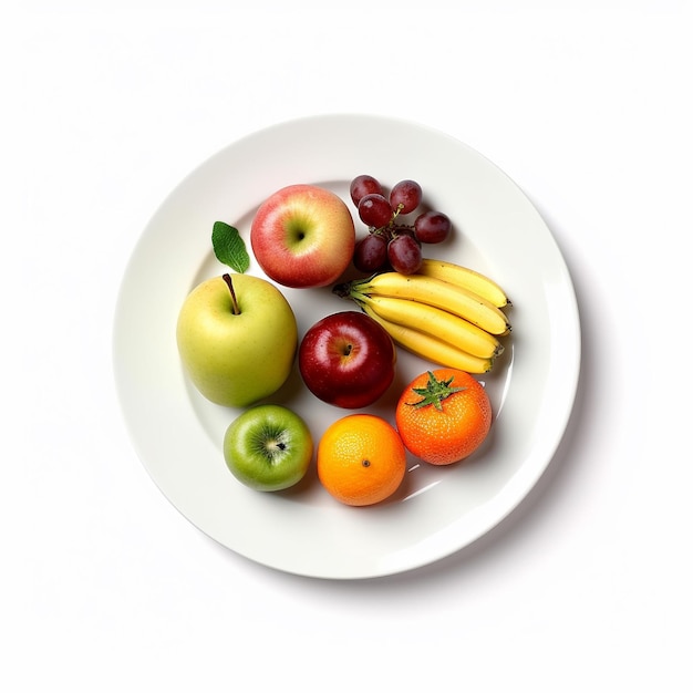 Фото Тарелка с фруктами, включая бананы, яблоки и бананы.