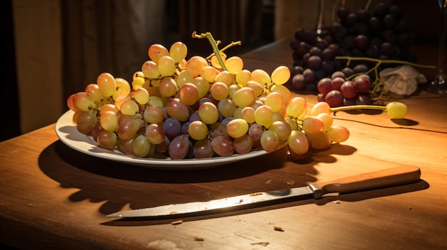 Фото Тарелка винограда на столе рядом с ножом
