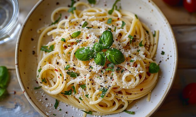 写真 バジルとバジルを入れたパスタの皿