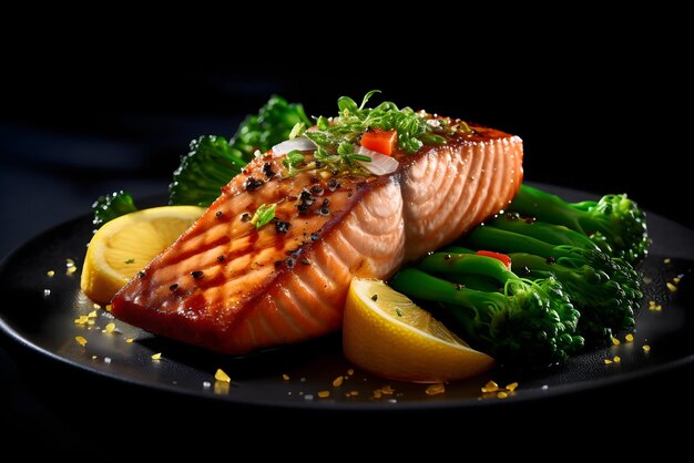 Фото Тарелка лосося с овощами и кусочками лимона.