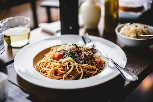 写真 テーブルの上にスパゲッティの皿とグラスワイン。